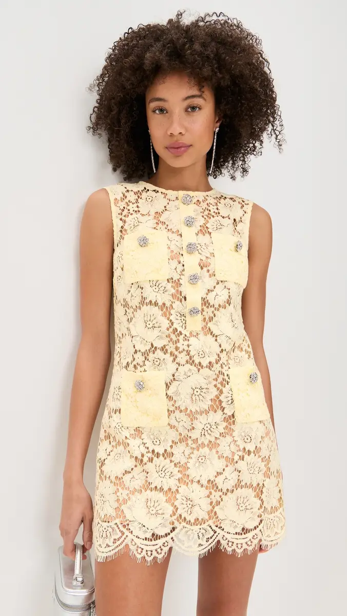 Self-Portrait Fine Lace Mini Dress Yellow | Thumbnail 2 Self-Portrait Fine Lace Mini Dress Yellow | Thumbnail 2
