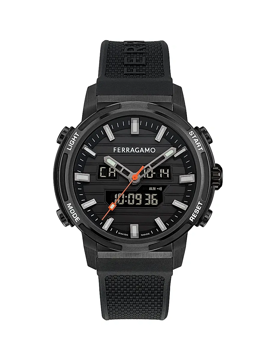 FERRAGAMO Men's Ren IP Gunmetal Stainless Steel & Silicone Strap Watch/43MM - Black With Titanium | Image 1 FERRAGAMO Men's Ren IP Gunmetal Stainless Steel & Silicone Strap Watch/43MM - Black With Titanium | Image 1