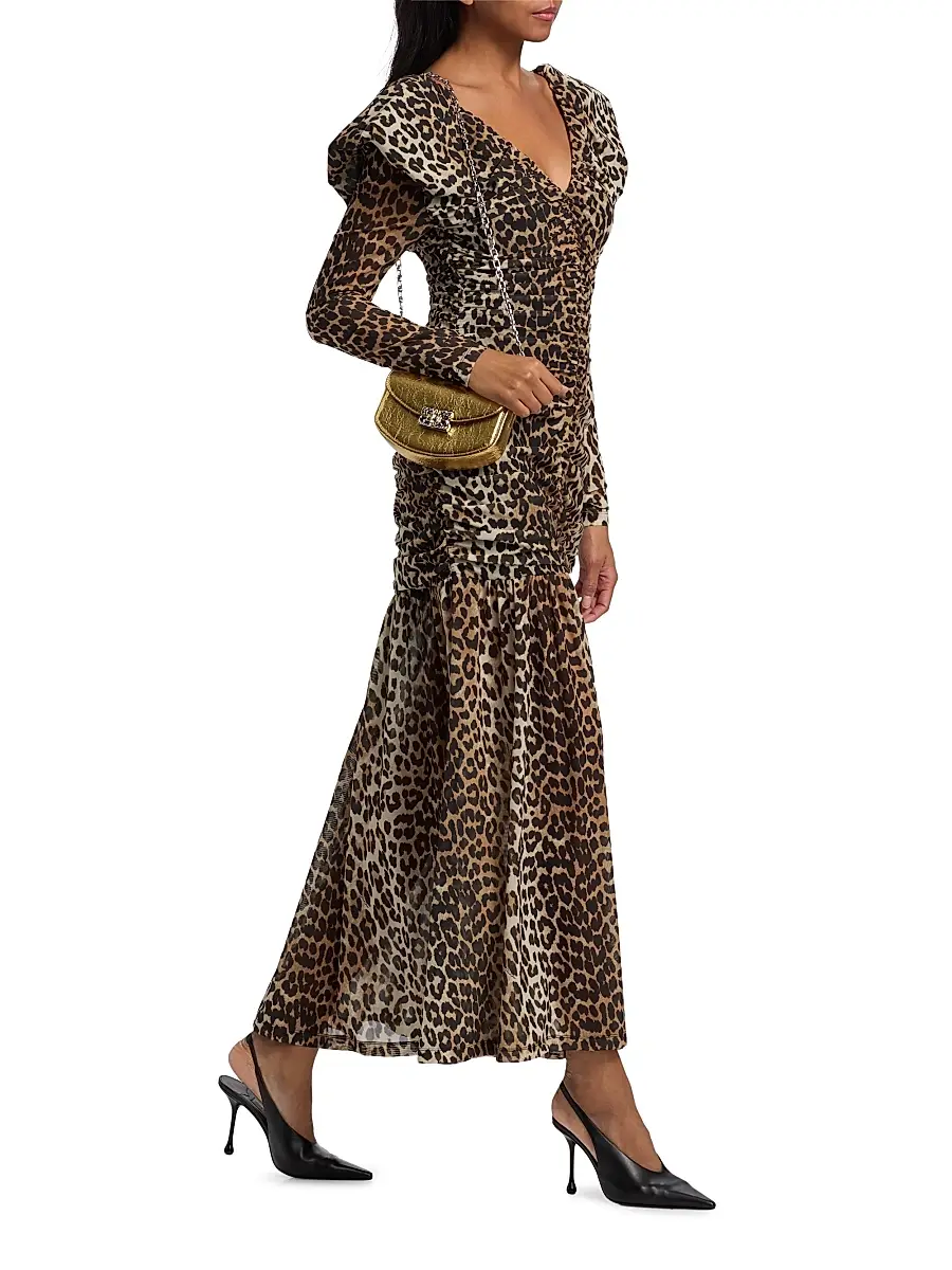 Ganni Women's Ruched Leopard Mesh Maxi Dress | Thumbnail 2 Ganni Women's Ruched Leopard Mesh Maxi Dress | Thumbnail 2
