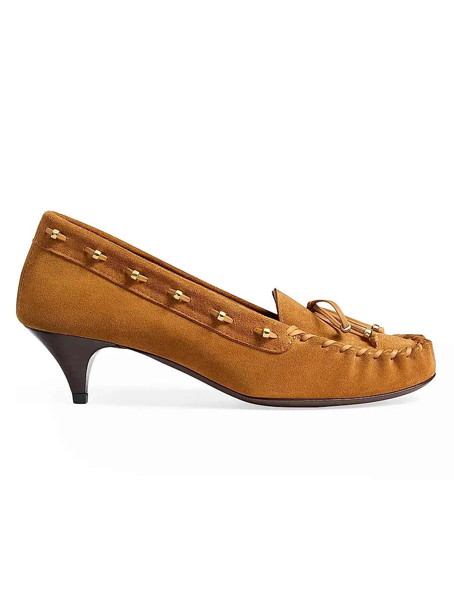 Khaite Women's Milly 45MM Suede Moccasin-Style Pumps - Caramel | Image 1 Khaite Women's Milly 45MM Suede Moccasin-Style Pumps - Caramel | Image 1