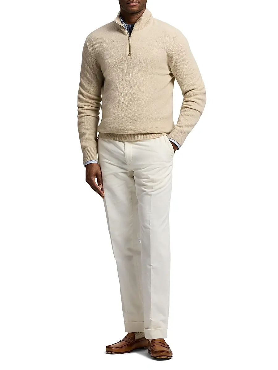 Ralph Lauren Purple Label Men's Birdseye Cashmere Quarter-Zip Sweater - Champagne Melange | Thumbnail 2 Ralph Lauren Purple Label Men's Birdseye Cashmere Quarter-Zip Sweater - Champagne Melange | Thumbnail 2