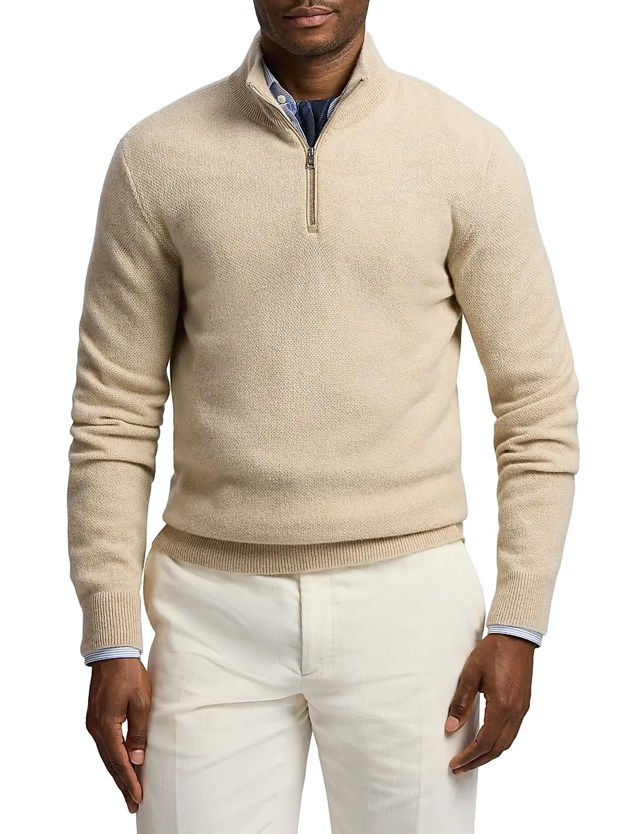 Ralph Lauren Purple Label Men's Birdseye Cashmere Quarter-Zip Sweater - Champagne Melange | Thumbnail 3 Ralph Lauren Purple Label Men's Birdseye Cashmere Quarter-Zip Sweater - Champagne Melange | Thumbnail 3
