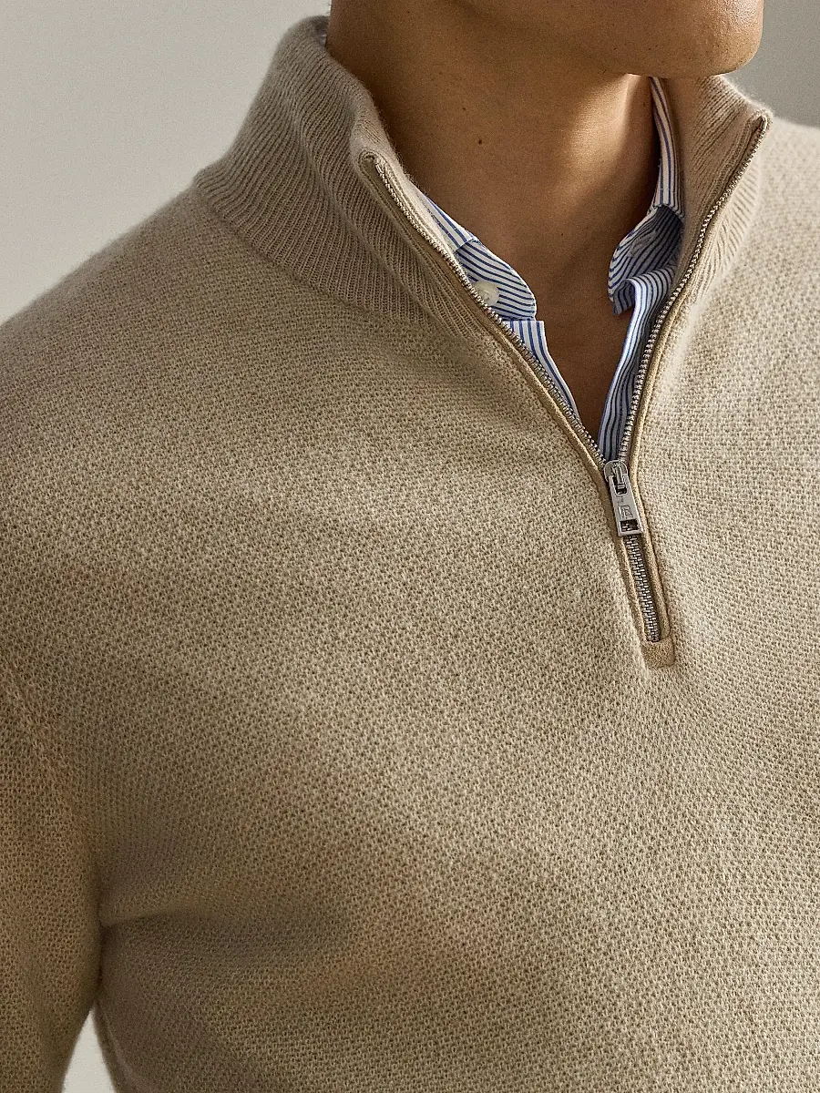Ralph Lauren Purple Label Men's Birdseye Cashmere Quarter-Zip Sweater - Champagne Melange | Thumbnail 6 Ralph Lauren Purple Label Men's Birdseye Cashmere Quarter-Zip Sweater - Champagne Melange | Thumbnail 6