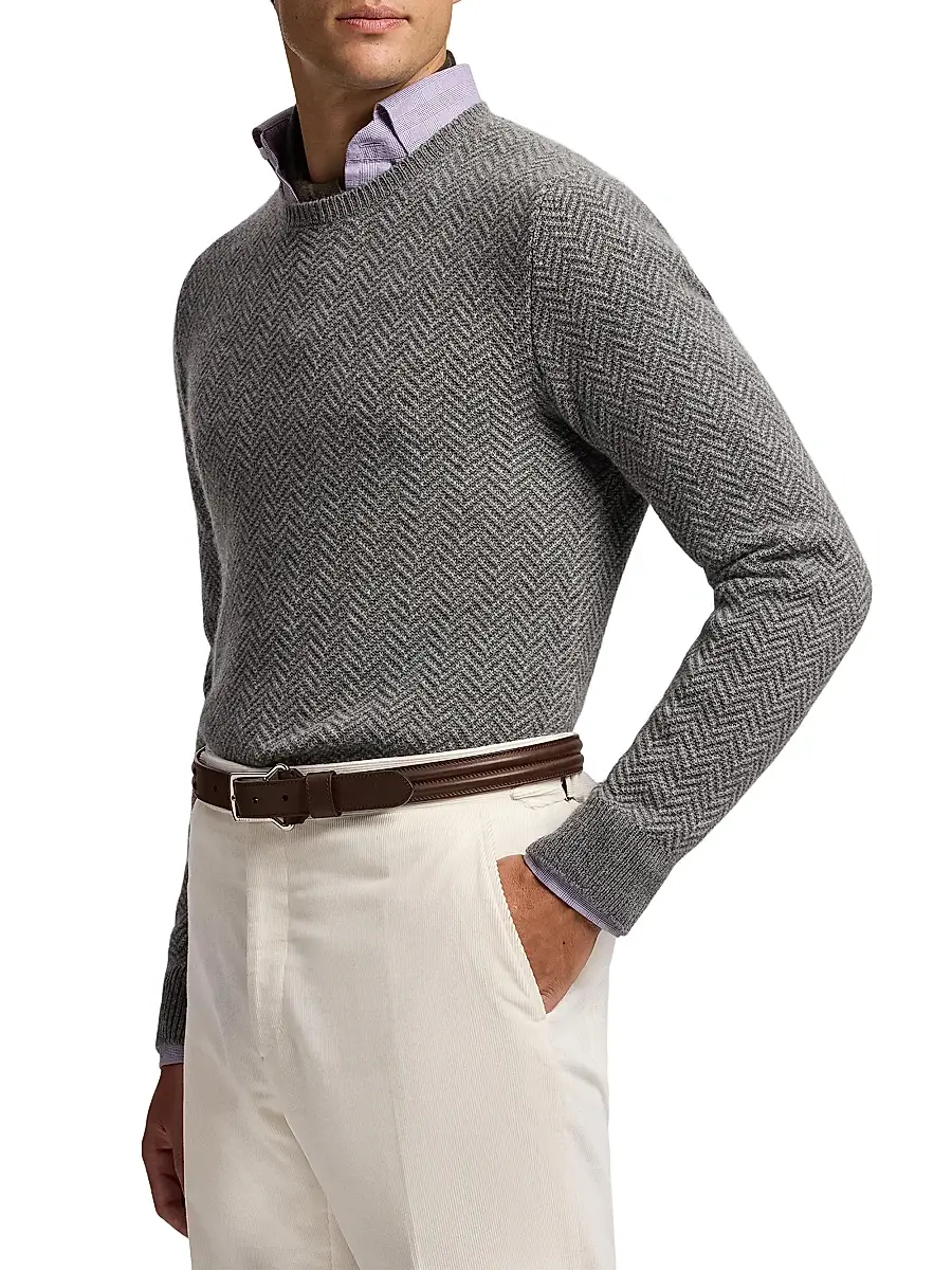 Ralph Lauren Purple Label Men's Textured Herringbone Cashmere Sweater | Thumbnail 4 Ralph Lauren Purple Label Men's Textured Herringbone Cashmere Sweater | Thumbnail 4