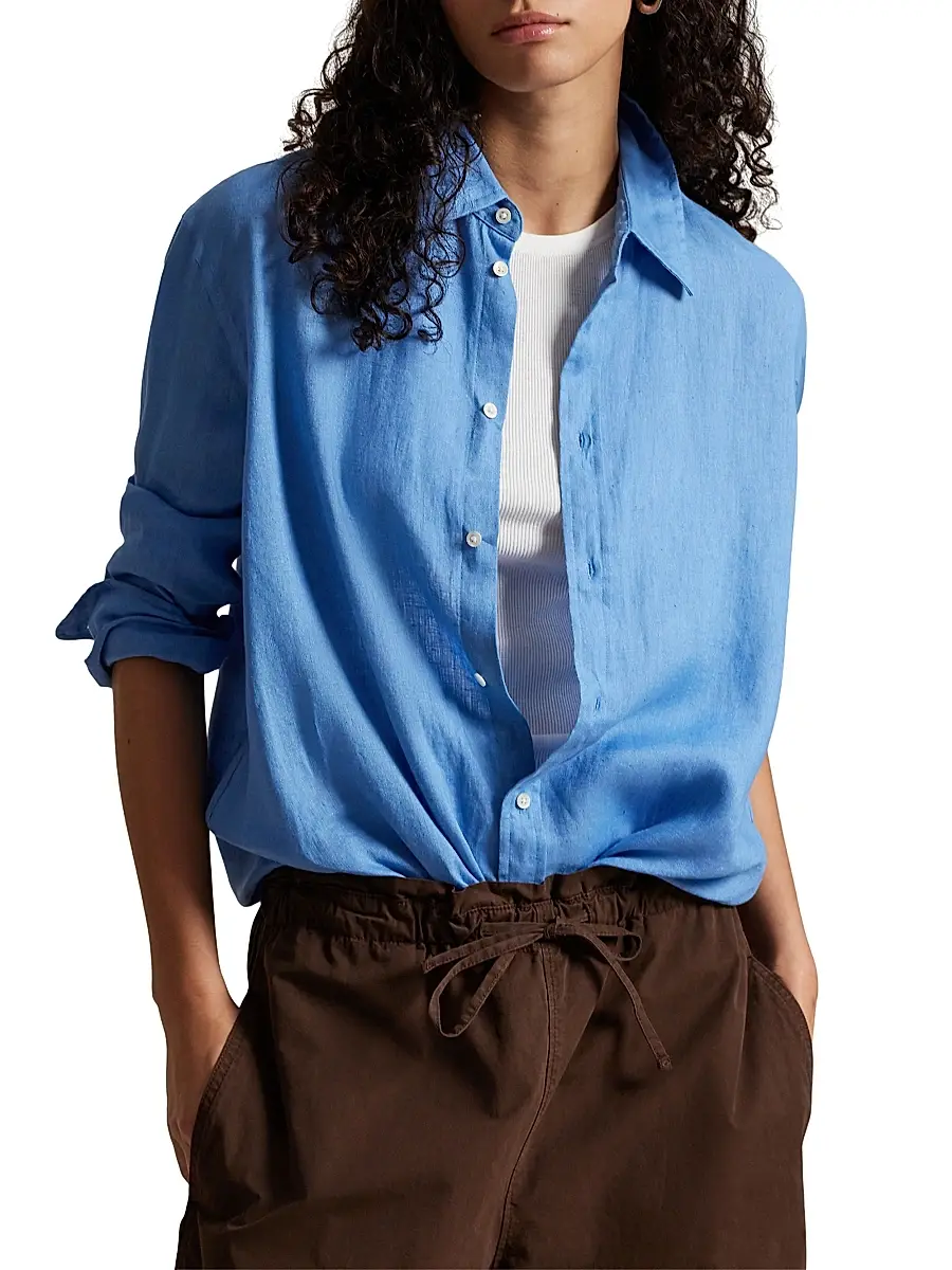 Polo Ralph Lauren Women's Solid Linen Button-Front Shirt - Blue | Thumbnail 3 Polo Ralph Lauren Women's Solid Linen Button-Front Shirt - Blue | Thumbnail 3