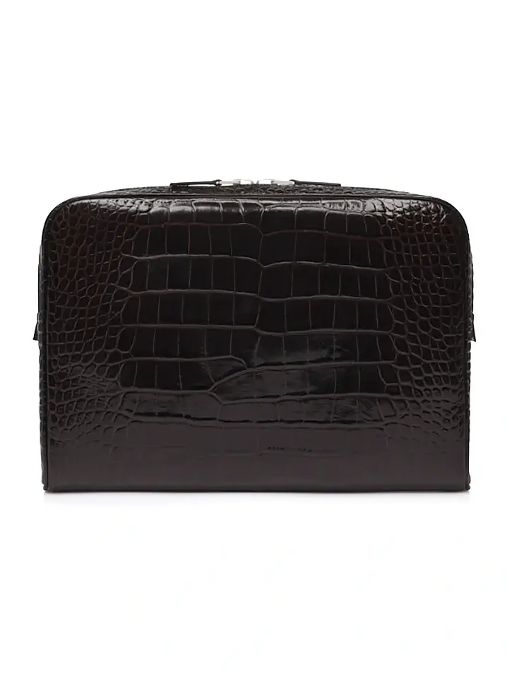 Men's Minimal Line Shiny Croc-Embossed Leather Laptop Pouch Men's Minimal Line Shiny Croc-Embossed Leather Laptop Pouch