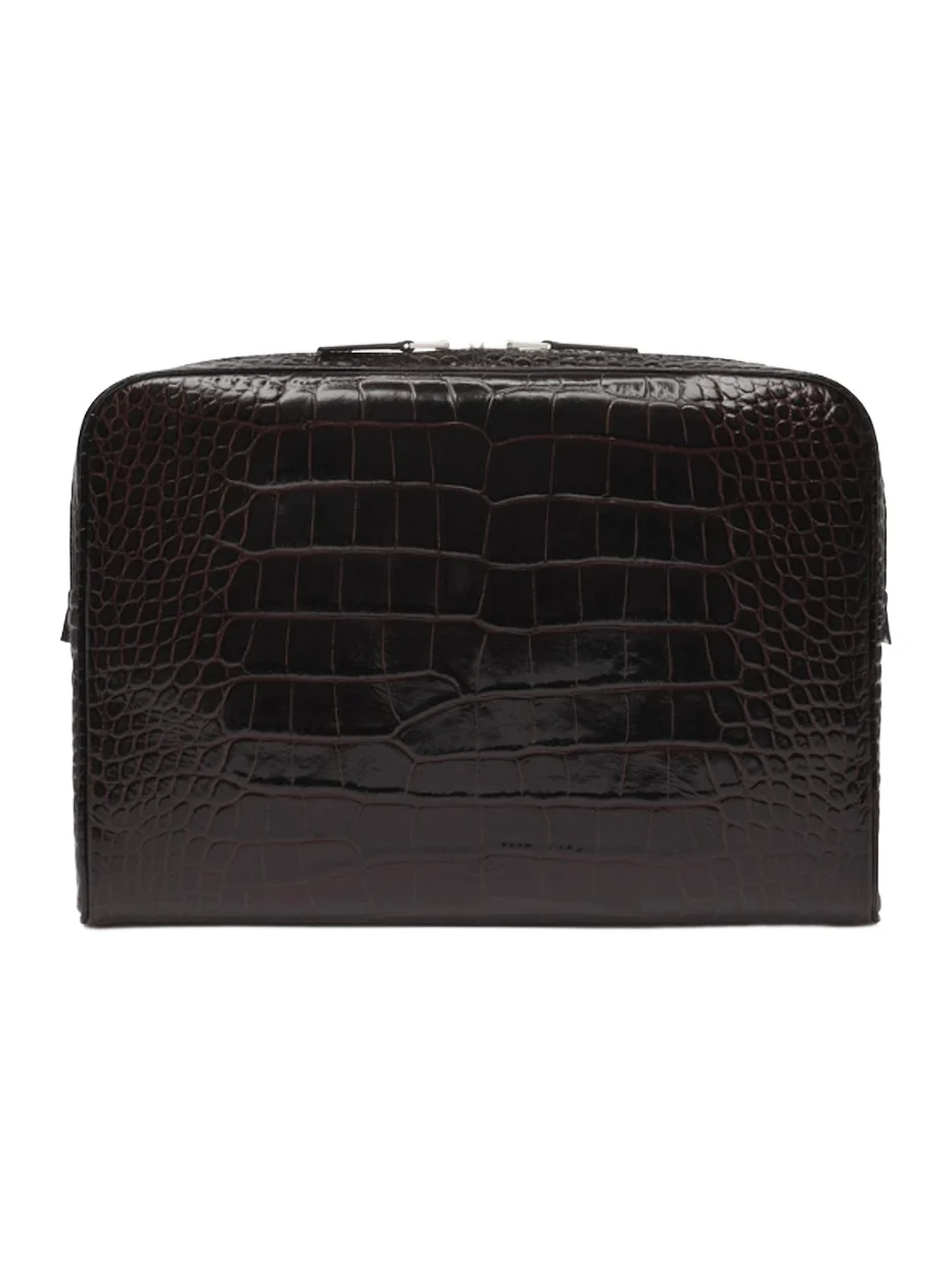 Men's Minimal Line Shiny Croc-Embossed Leather Laptop Pouch