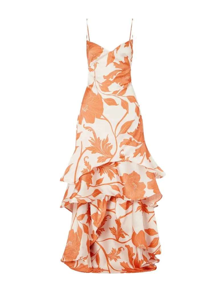 ANDRES OTALORA Estetica Pura Ruffled Tiered Floral-print Satin Maxi Dress | Image 1 ANDRES OTALORA Estetica Pura Ruffled Tiered Floral-print Satin Maxi Dress | Image 1