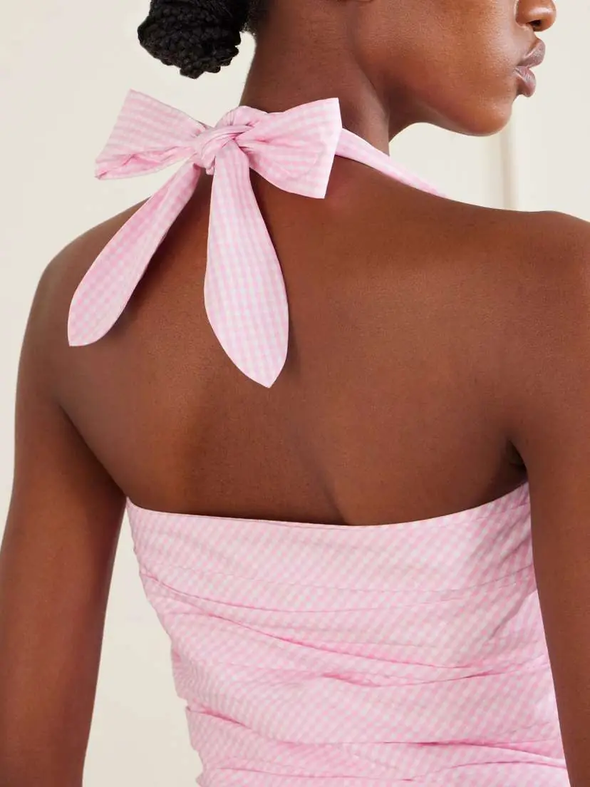 BERNADETTE Tippy Ruched Checked Cotton Halterneck Mini Dress | Thumbnail 4