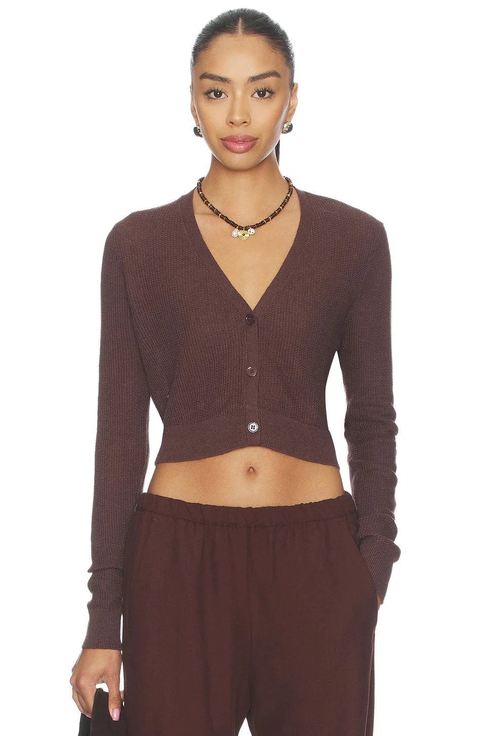 ENZA COSTA Linen Open Knit Cropped V-neck Cardigan