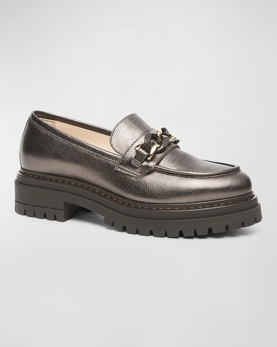 NeroGiardini Metallic Leather Chain Lug-Sole Loafers | Thumbnail 2 NeroGiardini Metallic Leather Chain Lug-Sole Loafers | Thumbnail 2