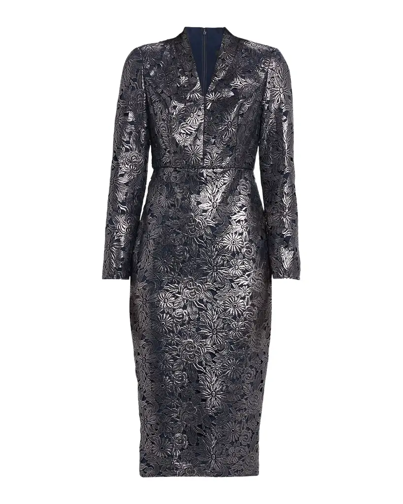 Badgley Mischka Metallic Floral Lace Midi Sheath Dress | Image 1 Badgley Mischka Metallic Floral Lace Midi Sheath Dress | Image 1
