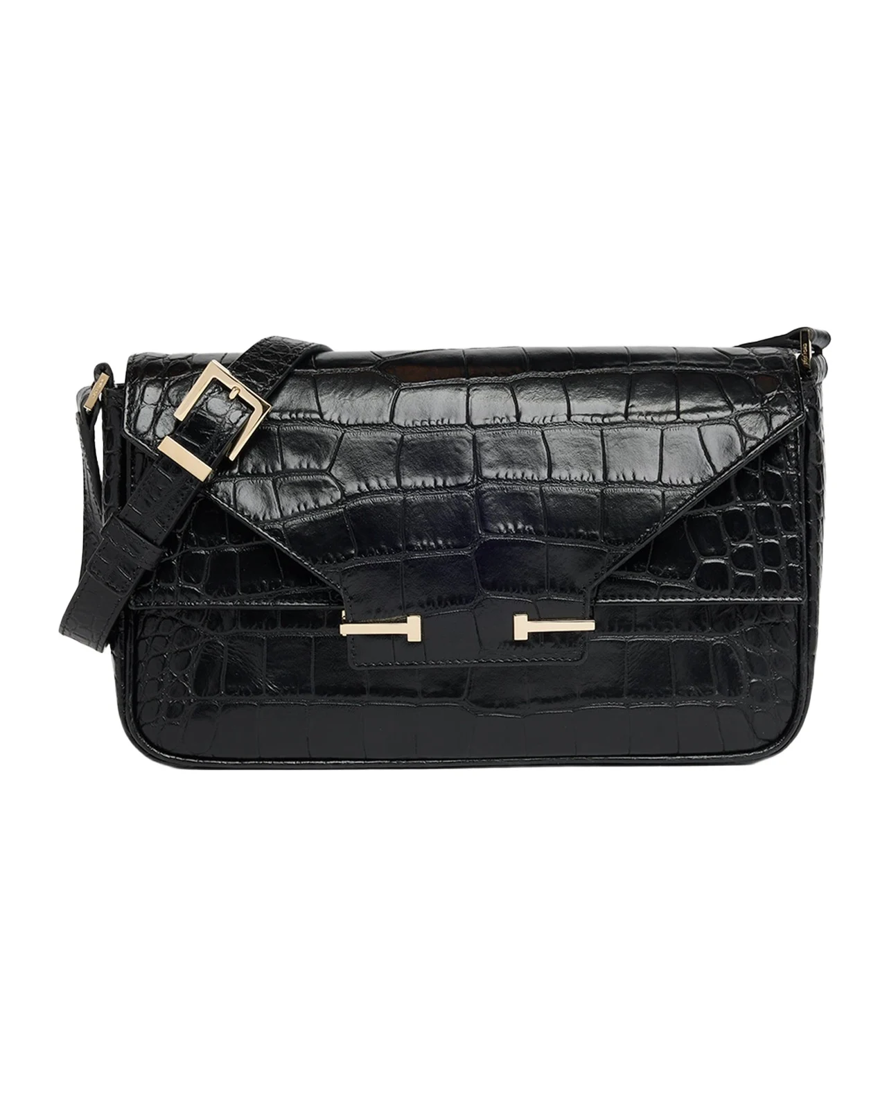 Large T-Clasp Croc-Embossed Leather Shoulder Bag