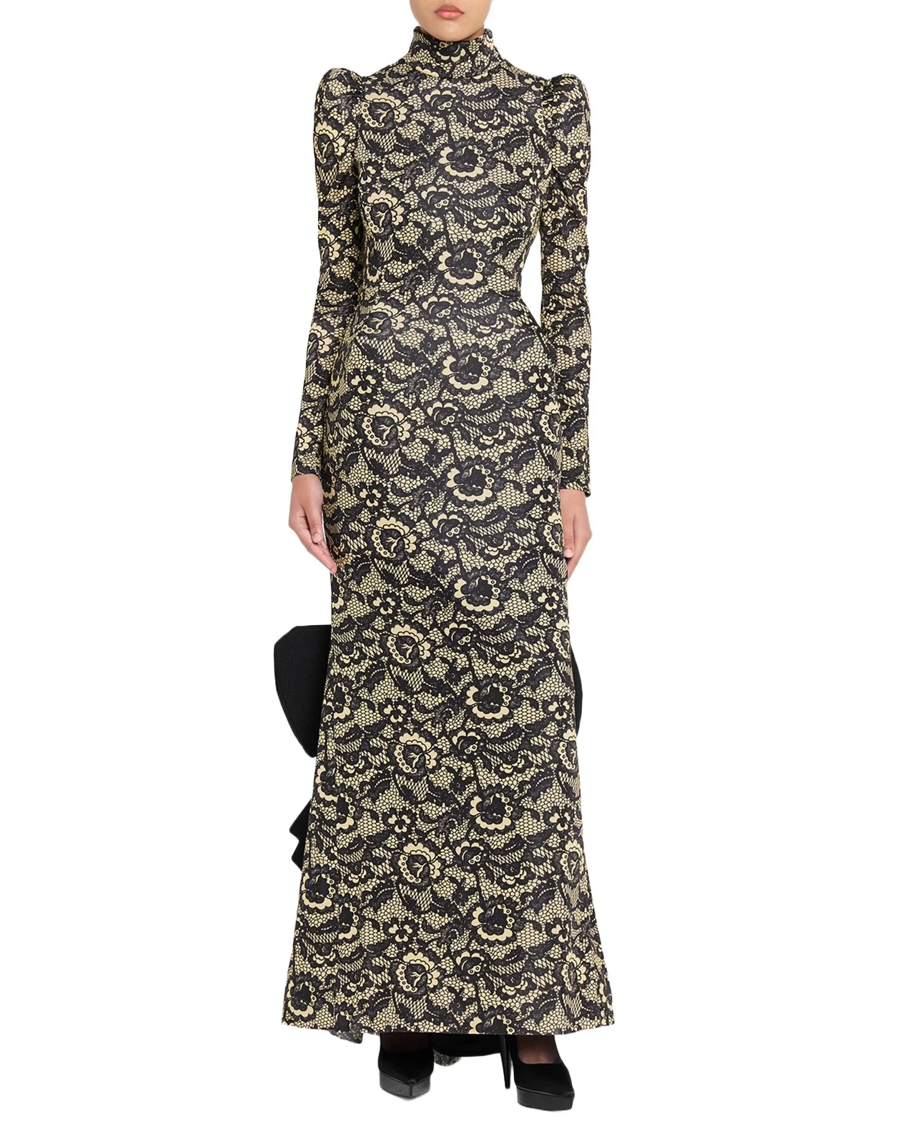 Marc Jacobs Runway Lace-Print Sculptural Long-Sleeve Bow Trumpet Gown