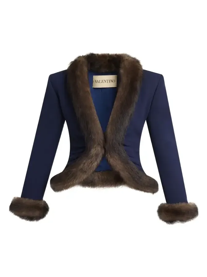 Wool Crepe Jacket with Shearling Trim