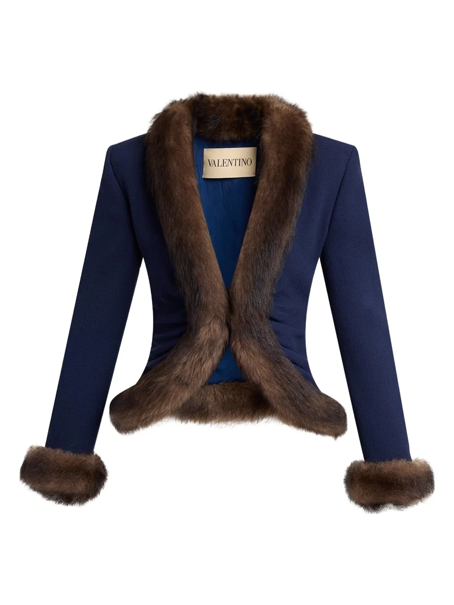 Wool Crepe Jacket with Shearling Trim