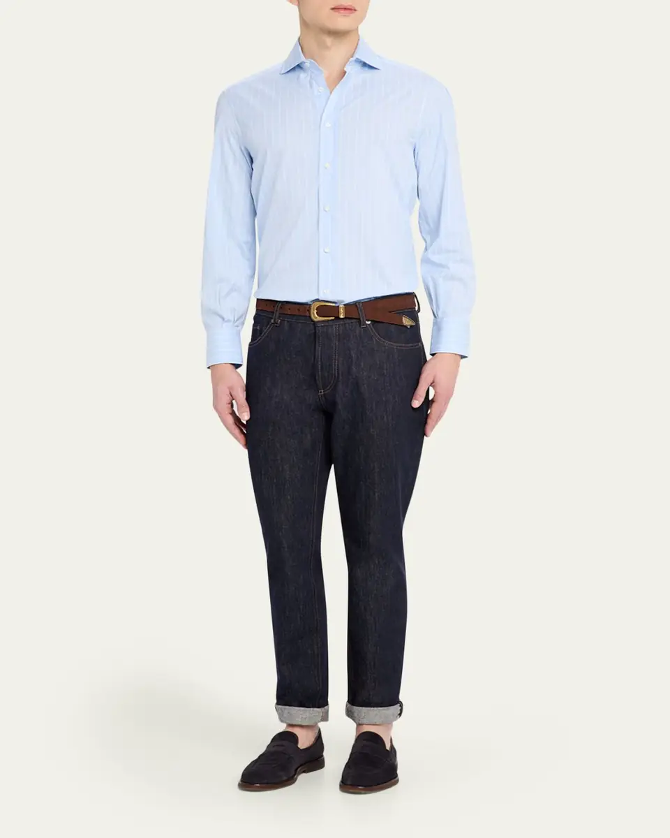 Brunello Cucinelli Men's Pinstripe Cotton Button-Down Shirt | Thumbnail 2 Brunello Cucinelli Men's Pinstripe Cotton Button-Down Shirt | Thumbnail 2
