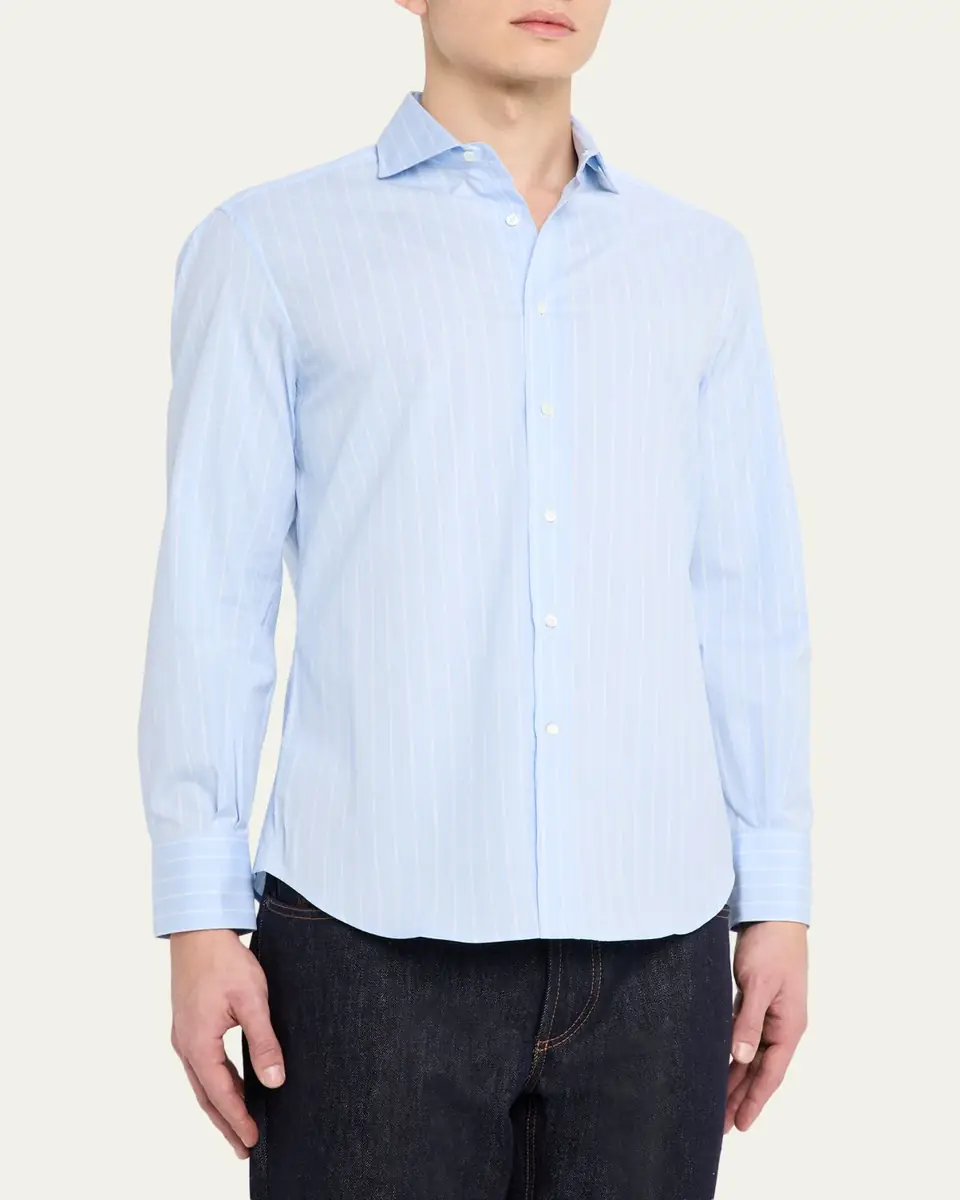 Brunello Cucinelli Men's Pinstripe Cotton Button-Down Shirt | Thumbnail 4 Brunello Cucinelli Men's Pinstripe Cotton Button-Down Shirt | Thumbnail 4