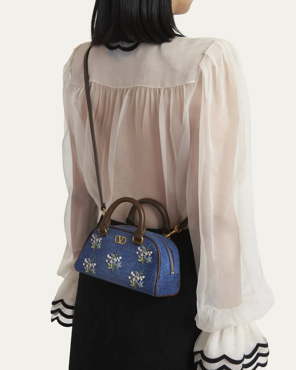 Valentino Garavani Floral-Embroidered Denim VLogo Top-Handle Bag | Thumbnail 2 Valentino Garavani Floral-Embroidered Denim VLogo Top-Handle Bag | Thumbnail 2
