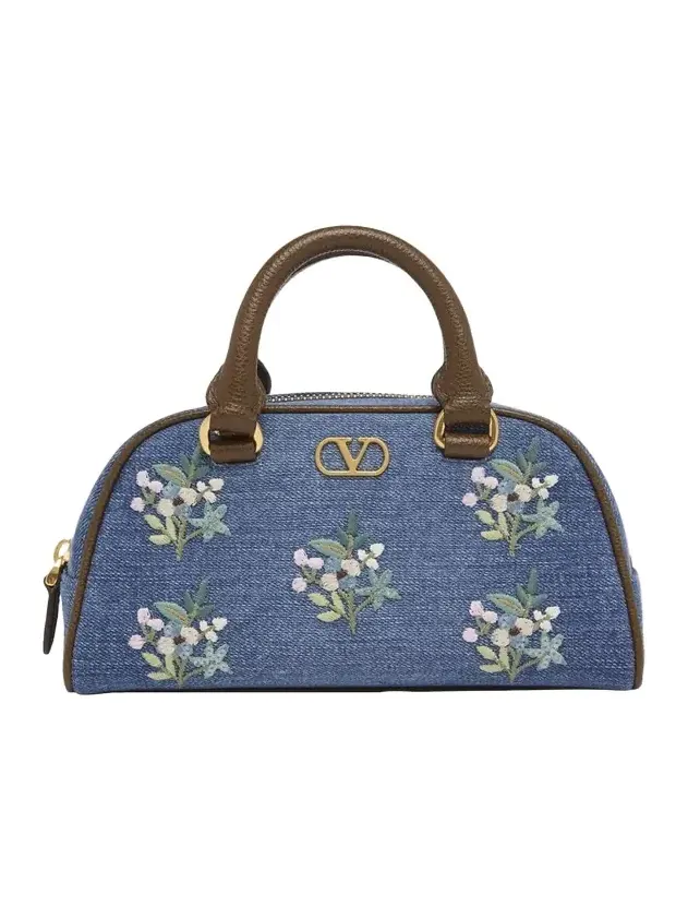 Floral-Embroidered Denim VLogo Top-Handle Bag Floral-Embroidered Denim VLogo Top-Handle Bag