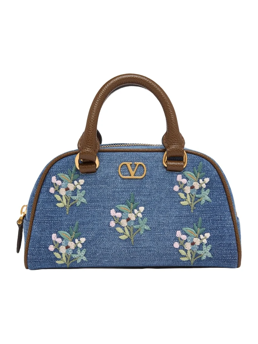 Floral-Embroidered Denim VLogo Top-Handle Bag Floral-Embroidered Denim VLogo Top-Handle Bag