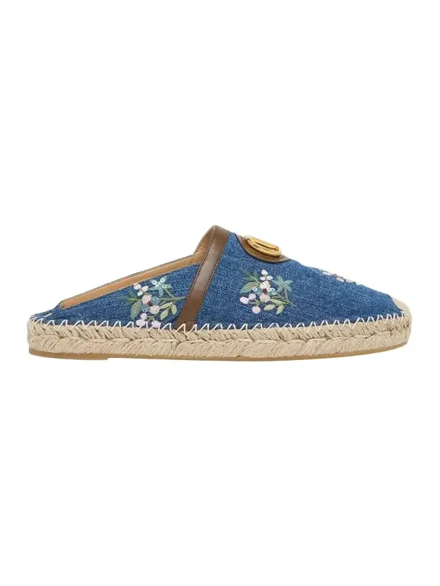 VLogo Floral-Embroidered Denim Espadrille Mules VLogo Floral-Embroidered Denim Espadrille Mules