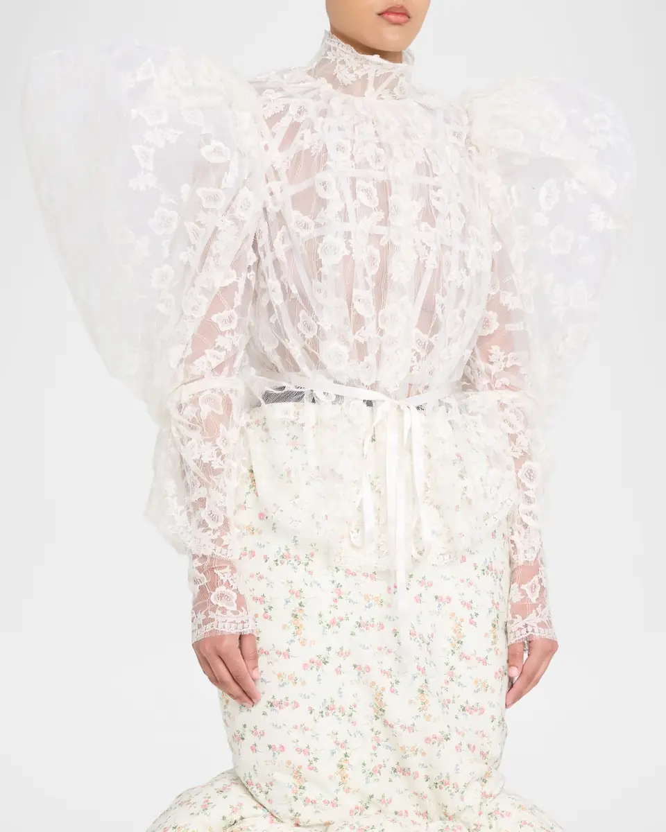 Marc Jacobs Runway Draped Puff-Sleeve Lace Top | Thumbnail 8