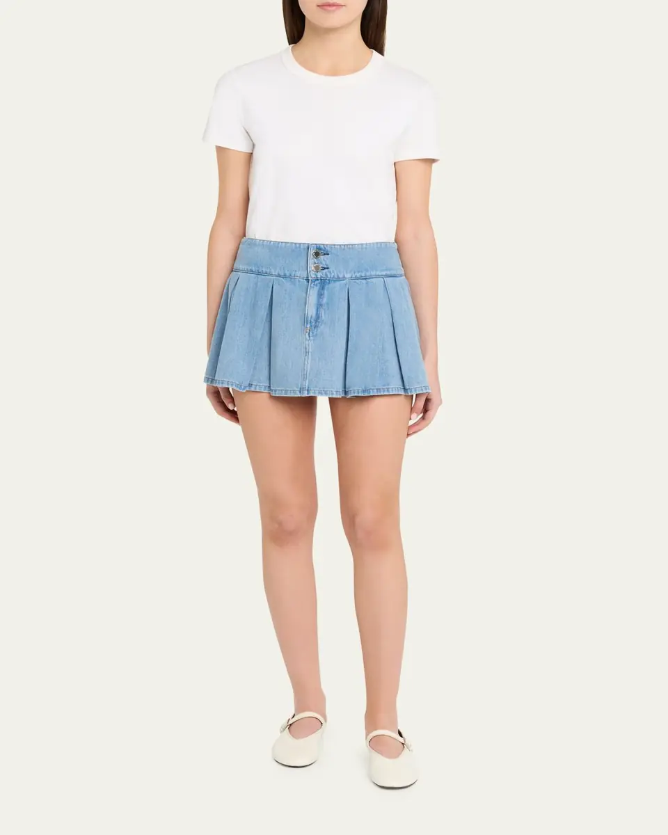 Alice + Olivia Amy Low-Rise Pleated Denim Mini Skirt | Thumbnail 2 Alice + Olivia Amy Low-Rise Pleated Denim Mini Skirt | Thumbnail 2