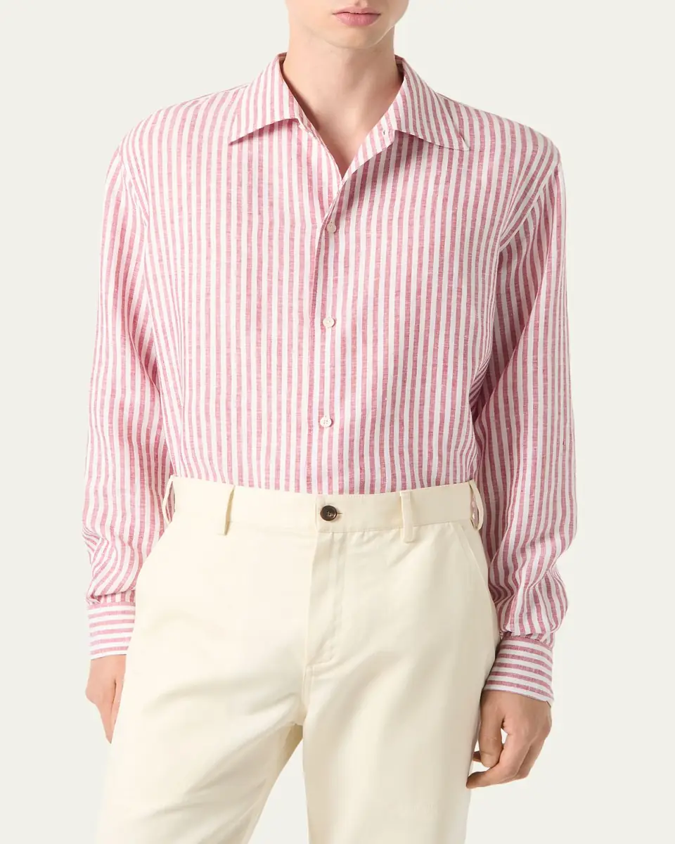 Loro Piana Men's Franco Linen Stripe Button-Down Shirt | Thumbnail 4 Loro Piana Men's Franco Linen Stripe Button-Down Shirt | Thumbnail 4