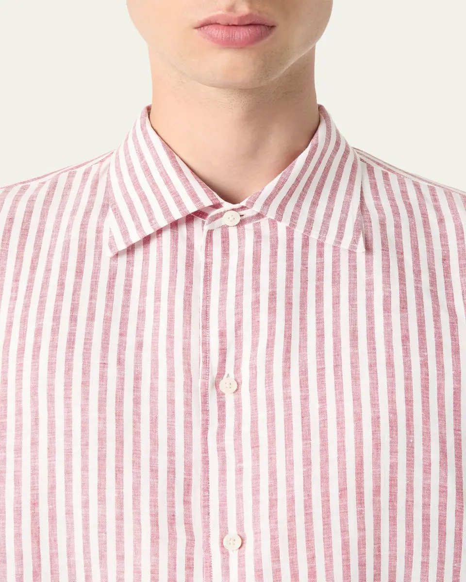 Loro Piana Men's Franco Linen Stripe Button-Down Shirt | Thumbnail 5 Loro Piana Men's Franco Linen Stripe Button-Down Shirt | Thumbnail 5