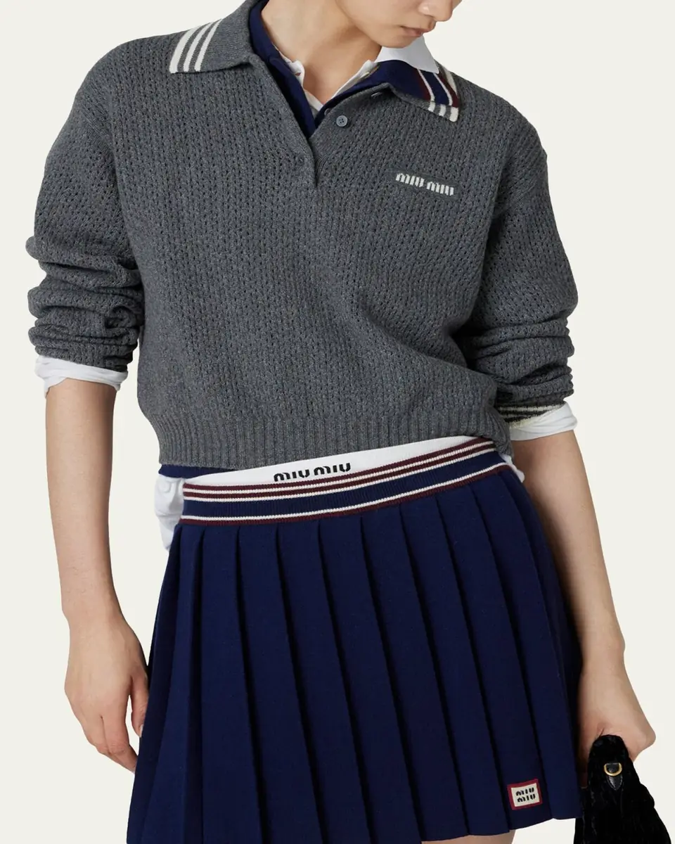Miu Miu Long-Sleeve Cashmere Crop Polo Sweater | Thumbnail 3 Miu Miu Long-Sleeve Cashmere Crop Polo Sweater | Thumbnail 3