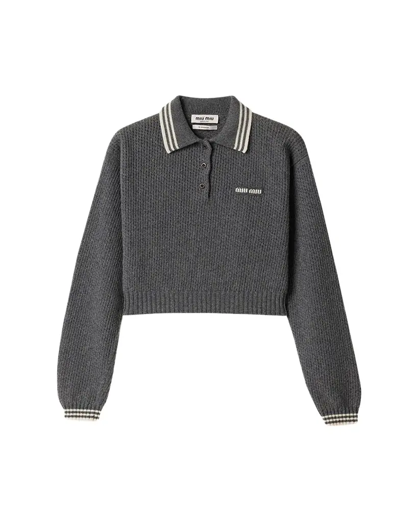 Miu Miu Long-Sleeve Cashmere Crop Polo Sweater | Image 1 Miu Miu Long-Sleeve Cashmere Crop Polo Sweater | Image 1
