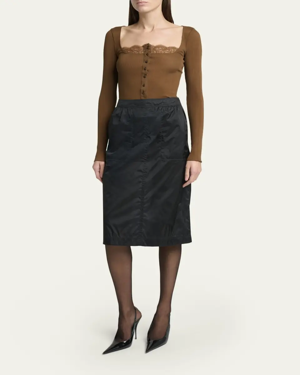 Saint Laurent Lace-Trim Button-Front Silk Rib Long-Sleeve Top | Thumbnail 2 Saint Laurent Lace-Trim Button-Front Silk Rib Long-Sleeve Top | Thumbnail 2