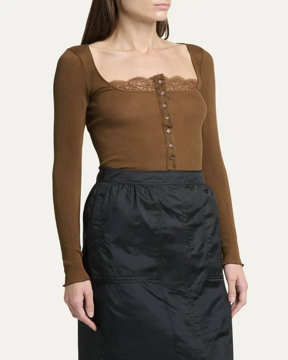 Saint Laurent Lace-Trim Button-Front Silk Rib Long-Sleeve Top | Thumbnail 4 Saint Laurent Lace-Trim Button-Front Silk Rib Long-Sleeve Top | Thumbnail 4
