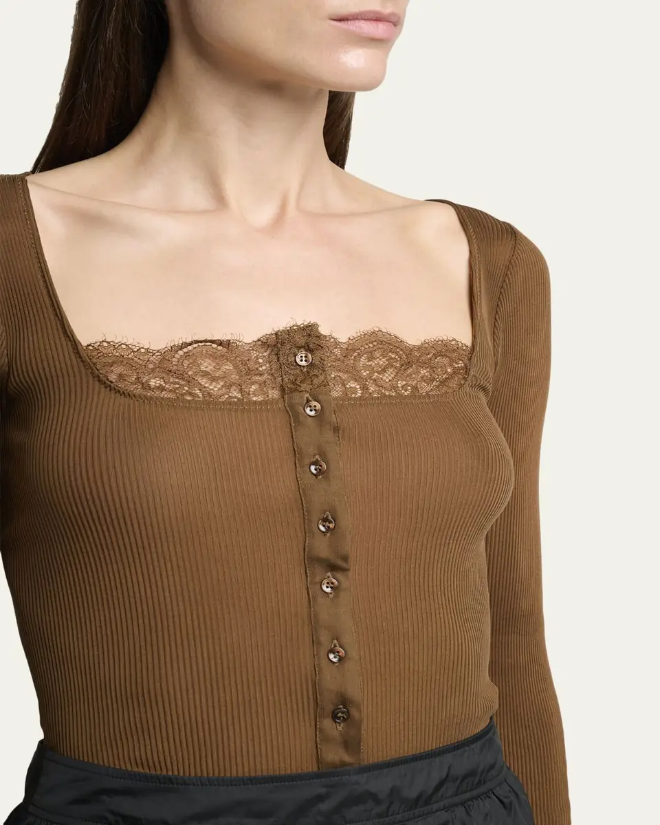 Saint Laurent Lace-Trim Button-Front Silk Rib Long-Sleeve Top | Thumbnail 5 Saint Laurent Lace-Trim Button-Front Silk Rib Long-Sleeve Top | Thumbnail 5