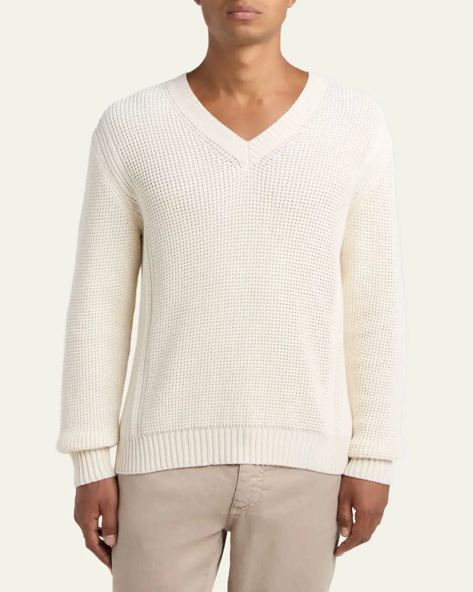 ZEGNA Men's Cotton and Silk Knit V-Neck Sweater | Thumbnail 4 ZEGNA Men's Cotton and Silk Knit V-Neck Sweater | Thumbnail 4