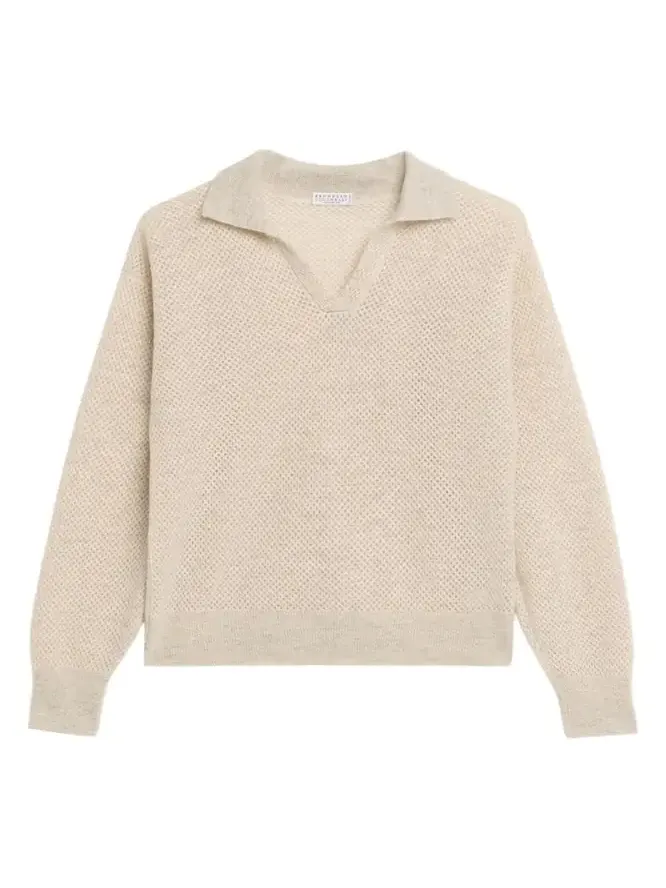Shimmering Mohair Net Knit Polo Sweater