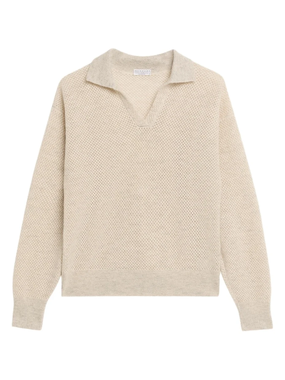 Shimmering Mohair Net Knit Polo Sweater