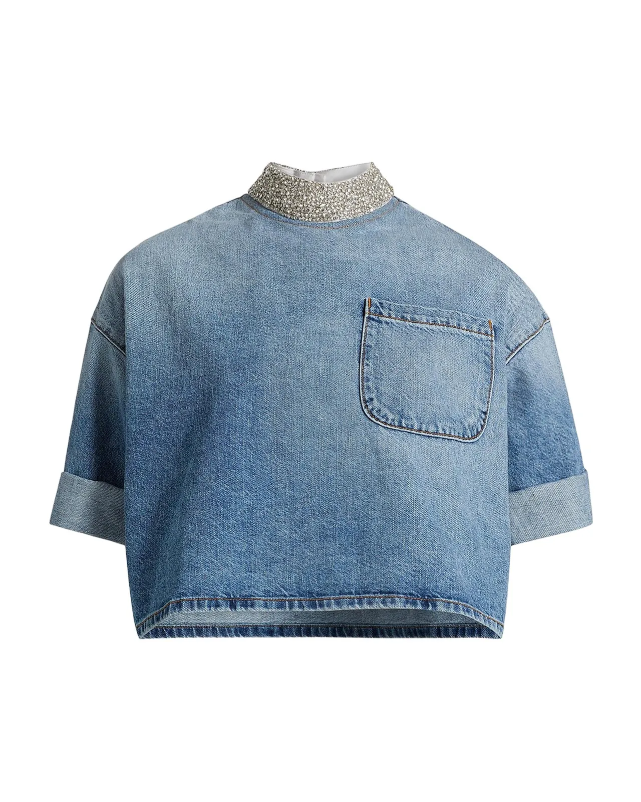 Ex T Denim Crop Top with Crystal Collar Ex T Denim Crop Top with Crystal Collar