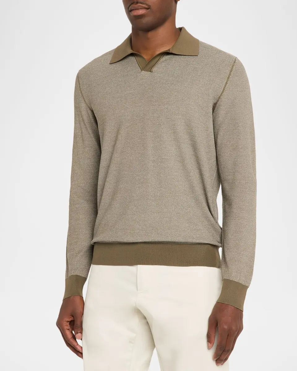 Stefano Ricci Men's Silk and Cotton Textured Johnny Collar Polo Sweater | Thumbnail 3