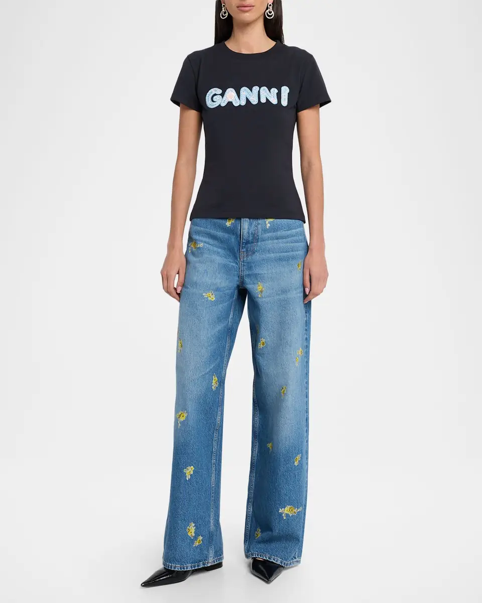 Ganni Logo Embroidered Cotton-Jersey Tee | Thumbnail 2