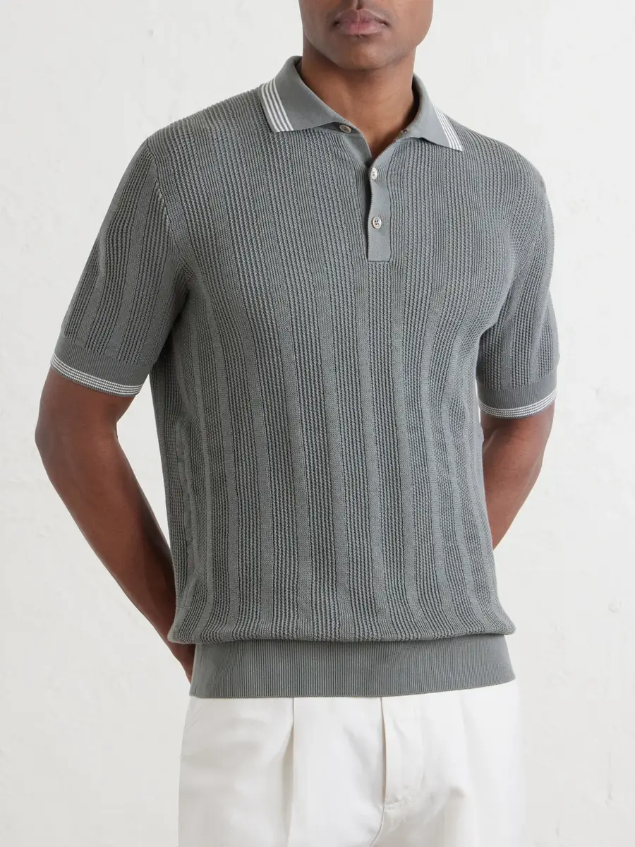 Brunello Cucinelli Striped Pointelle-Knit Cotton Polo Shirt - Men | Thumbnail 3 Brunello Cucinelli Striped Pointelle-Knit Cotton Polo Shirt - Men | Thumbnail 3