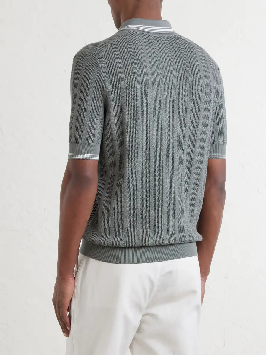 Brunello Cucinelli Striped Pointelle-Knit Cotton Polo Shirt - Men | Thumbnail 4 Brunello Cucinelli Striped Pointelle-Knit Cotton Polo Shirt - Men | Thumbnail 4