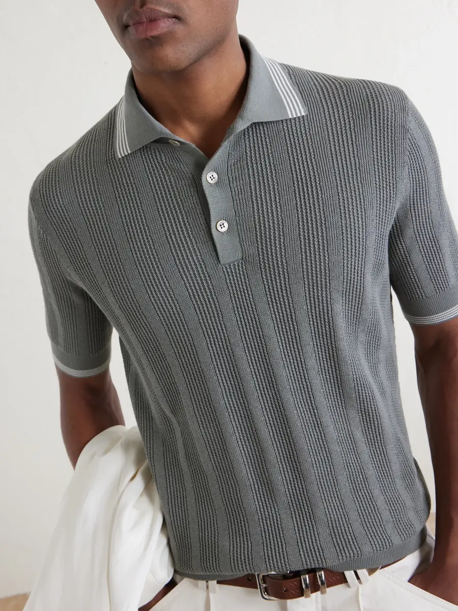 Brunello Cucinelli Striped Pointelle-Knit Cotton Polo Shirt - Men | Thumbnail 5 Brunello Cucinelli Striped Pointelle-Knit Cotton Polo Shirt - Men | Thumbnail 5