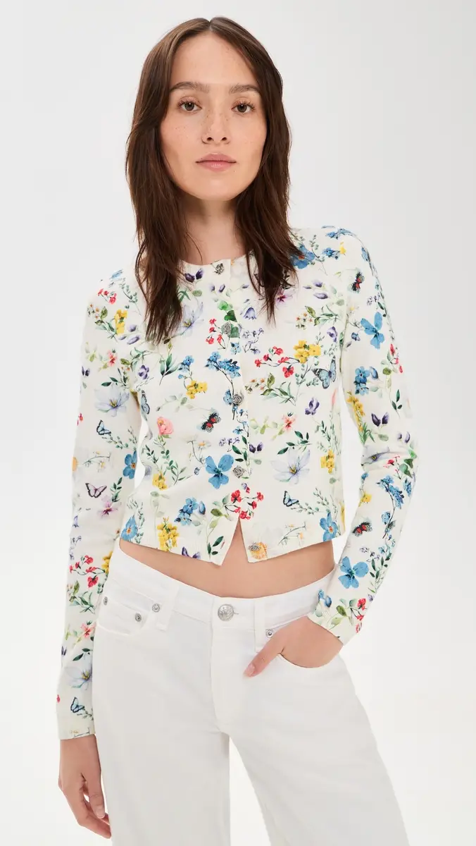 ALICE + OLIVIA Carson Printed Cardigan Twisting Vines Off White | Thumbnail 2