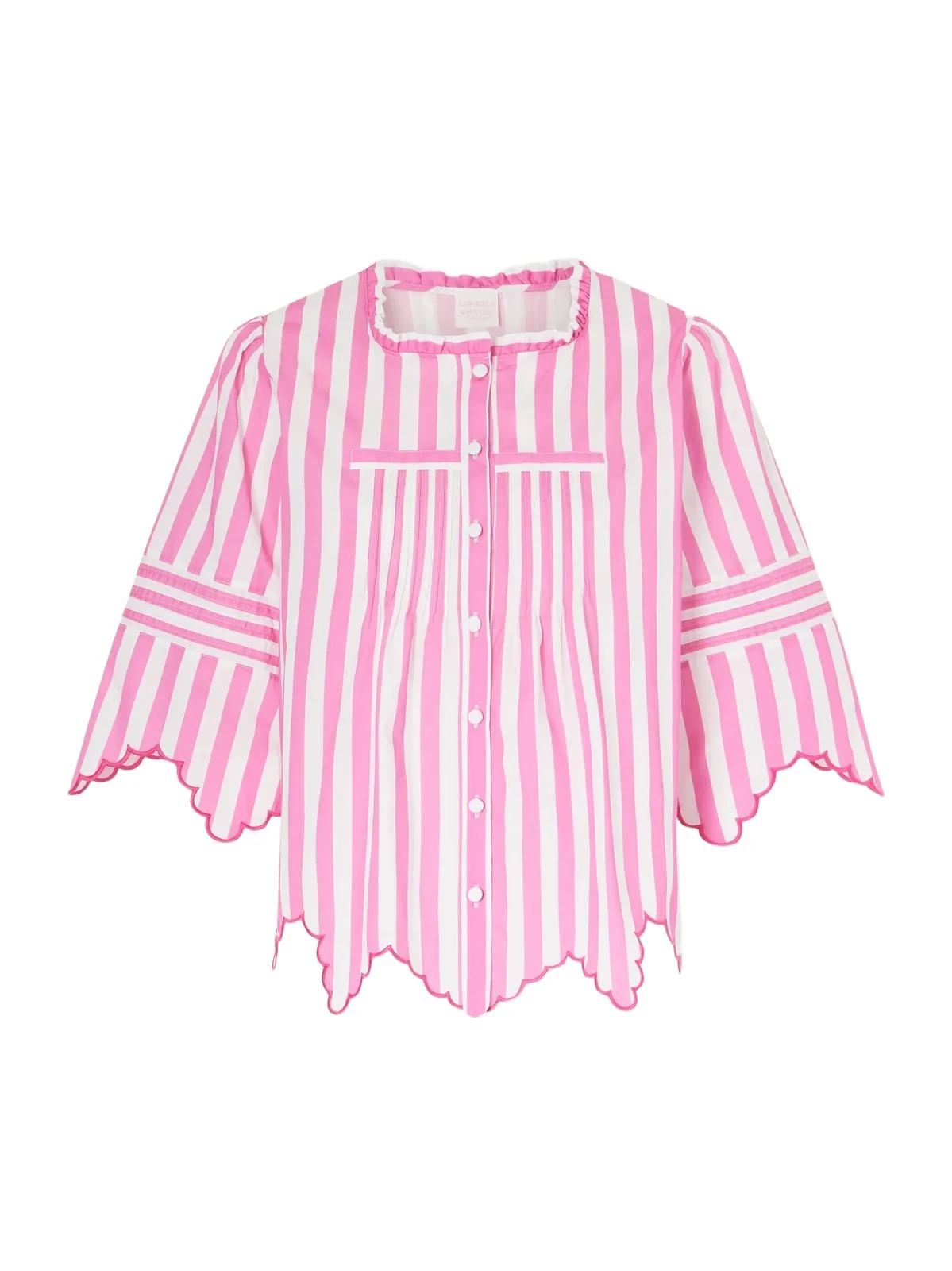 Loretta Caponi Matilde Scalloped Shirred Striped Cotton Shirt