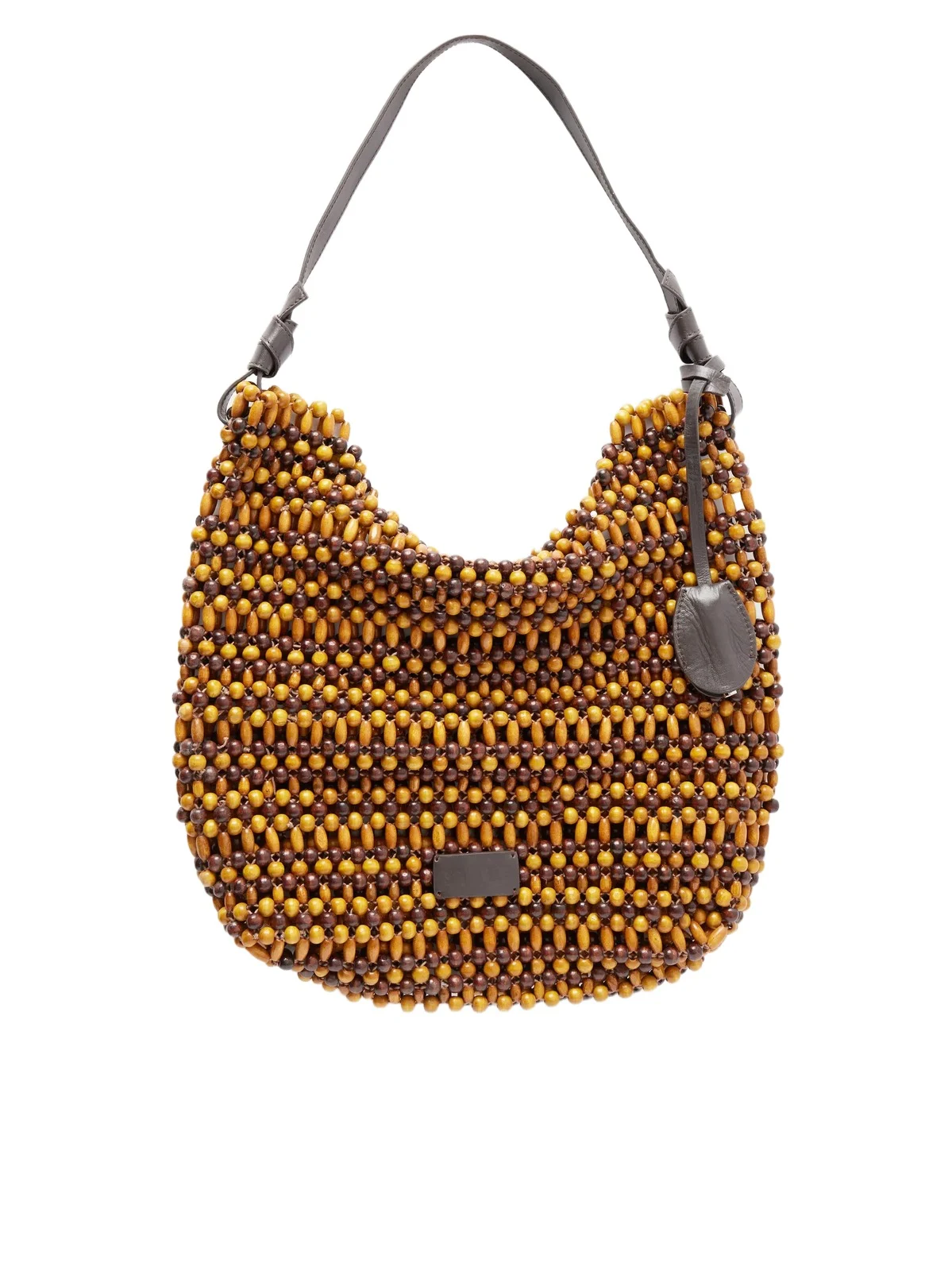 Staud Drift Leather-trimmed Beaded Wood Shoulder Bag
