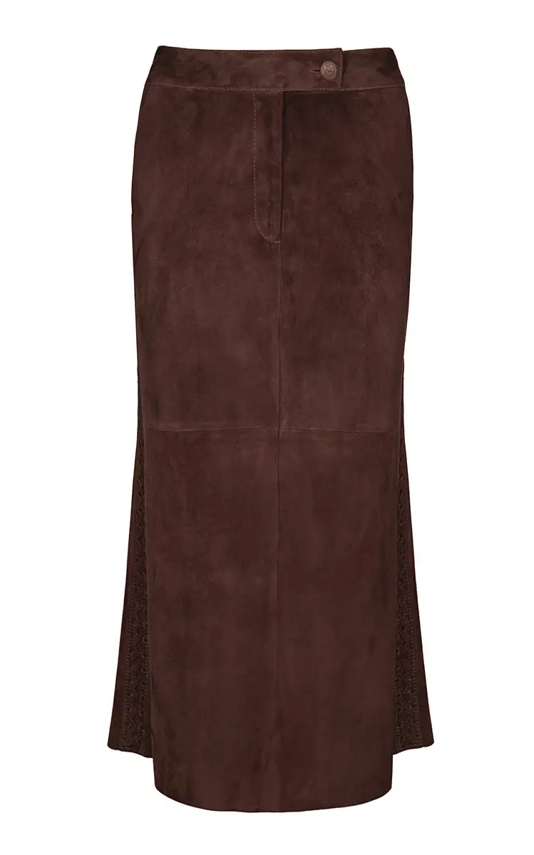 El Buque Embroidered Suede Midi Skirt El Buque Embroidered Suede Midi Skirt