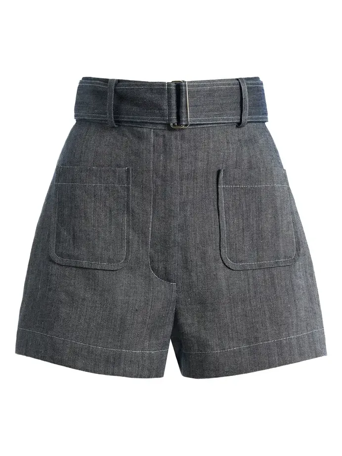 Belted Linen-Cotton Denim Pocket Shorts