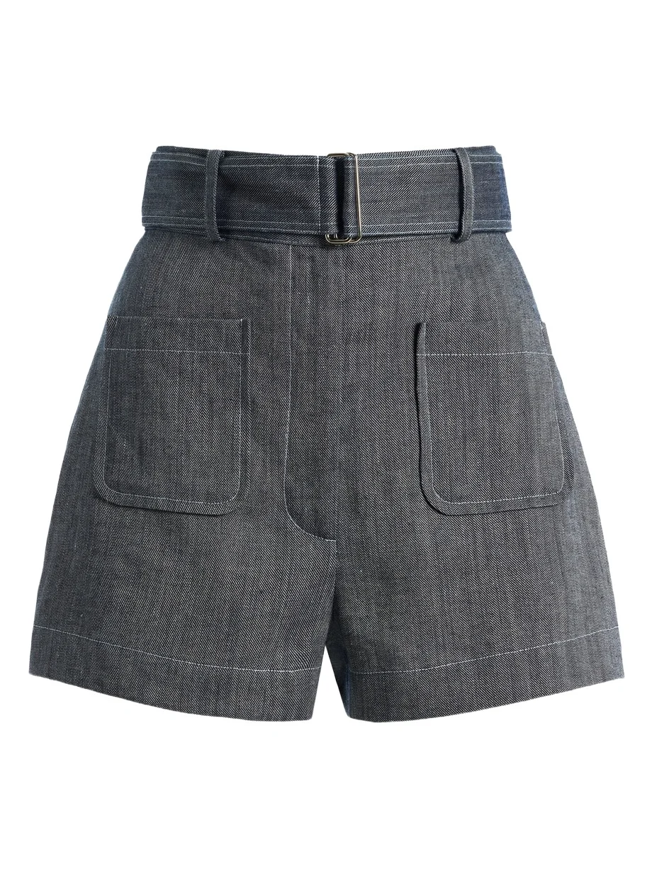 Matthew Bruch Belted Linen-Cotton Denim Pocket Shorts